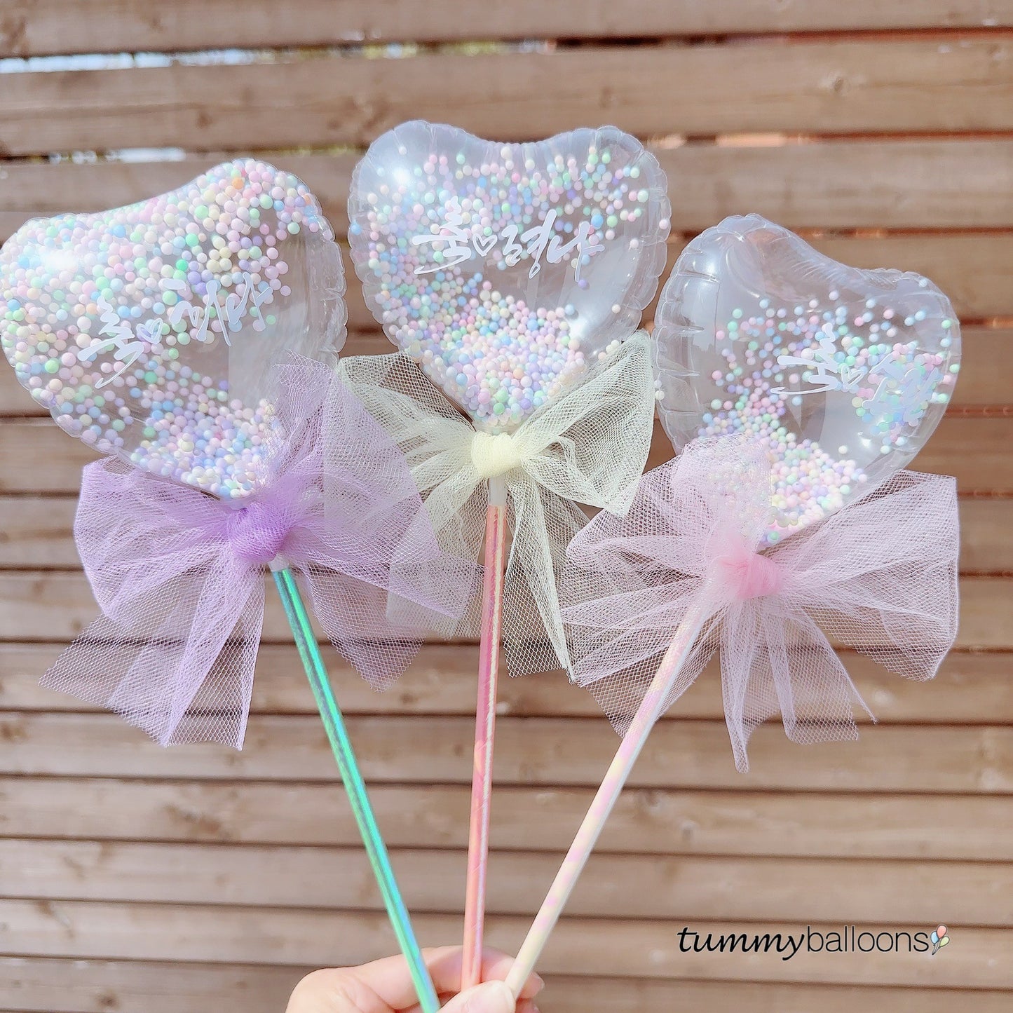 スティックバルーン【クリア・コンフェハートS・チュールリボン】＊balloon_clearconfettiHS_tulle